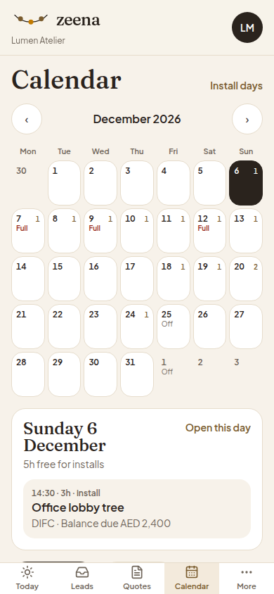 Lumen Atelier December calendar on a phone.