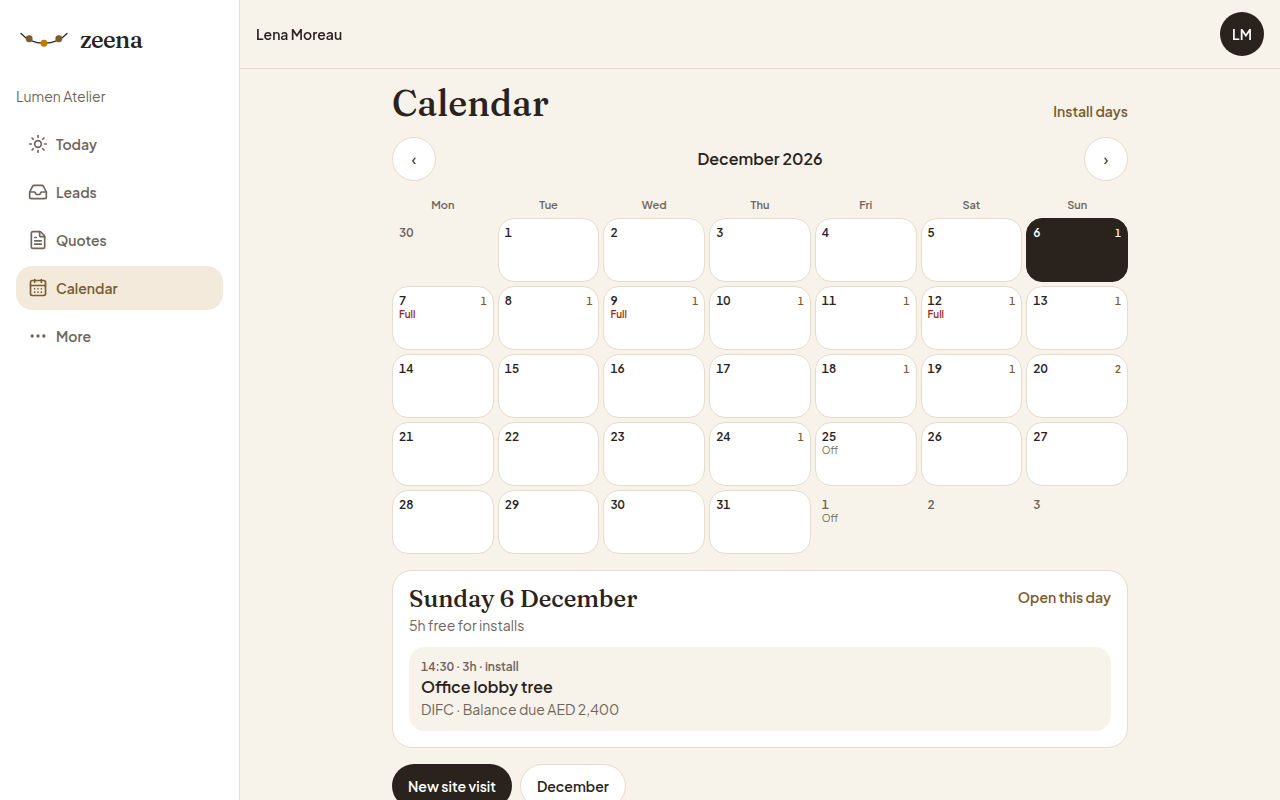 Lumen Atelier December calendar on the Zeena desk.