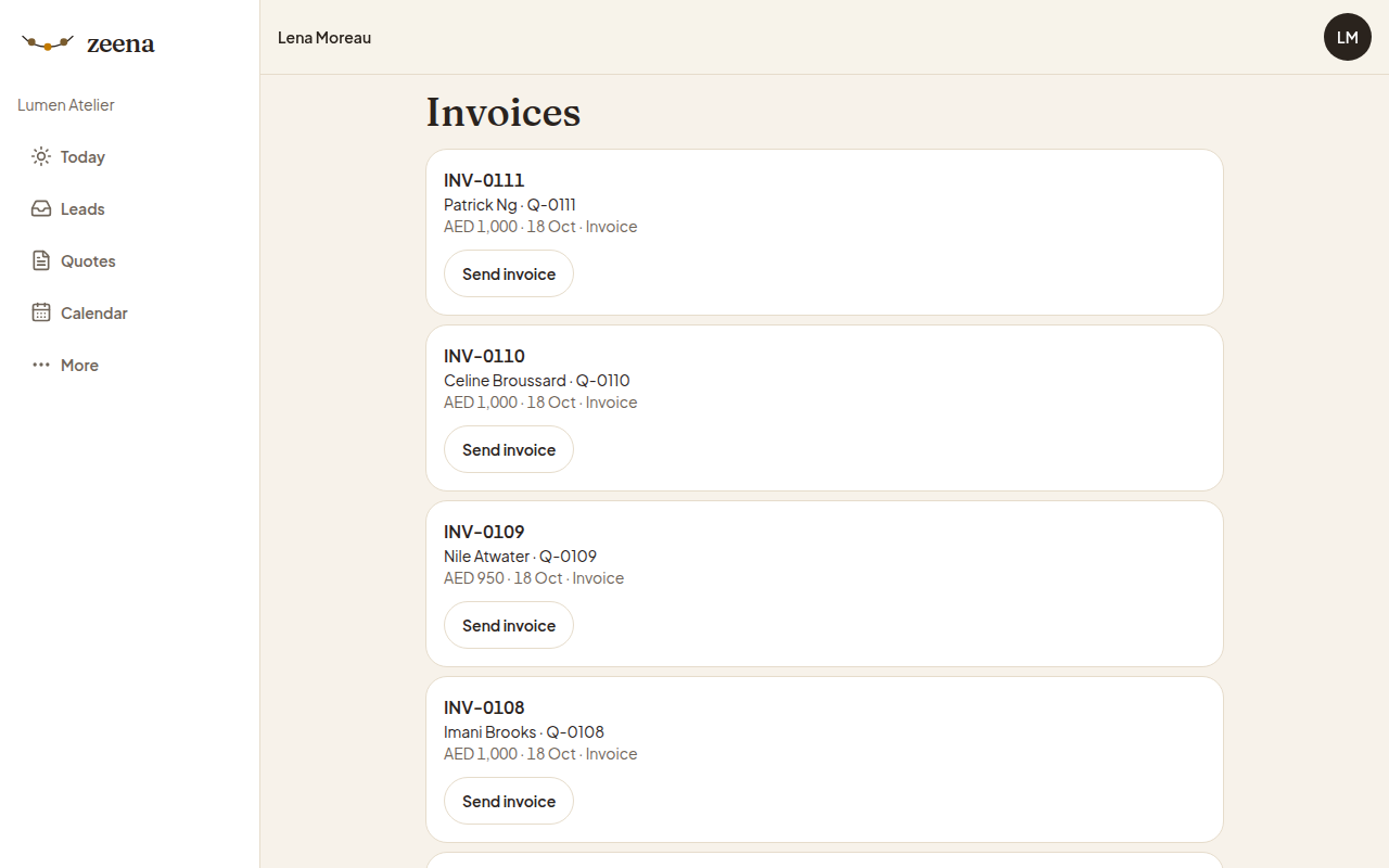 Lumen Atelier invoice list on the Zeena desk.