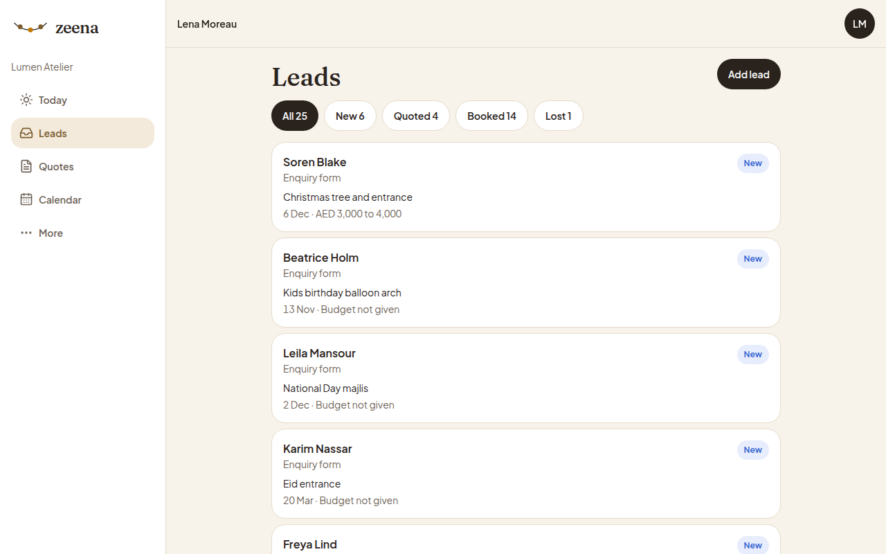 Lumen Atelier lead list on the Zeena desk.