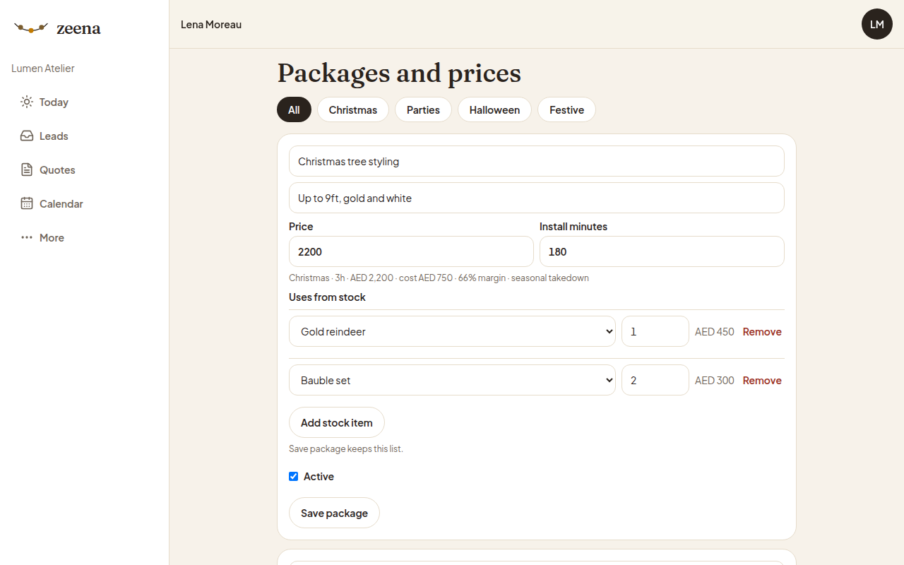 Lumen Atelier packages and prices on the Zeena desk.