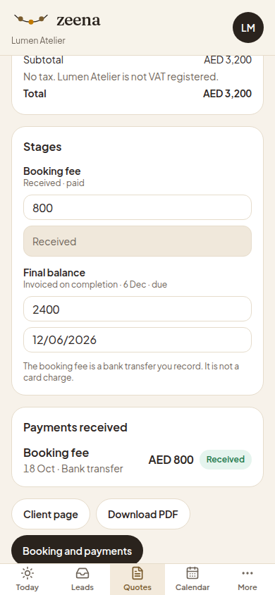 Lumen Atelier quote on a phone, with an AED 800 bank transfer marked received.