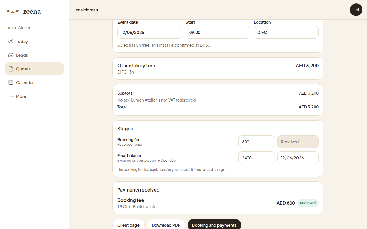 Lumen Atelier quote with a bank transfer marked received.