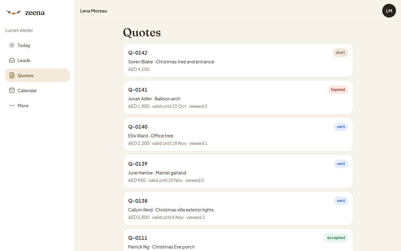 Lumen Atelier quote list on the Zeena desk.