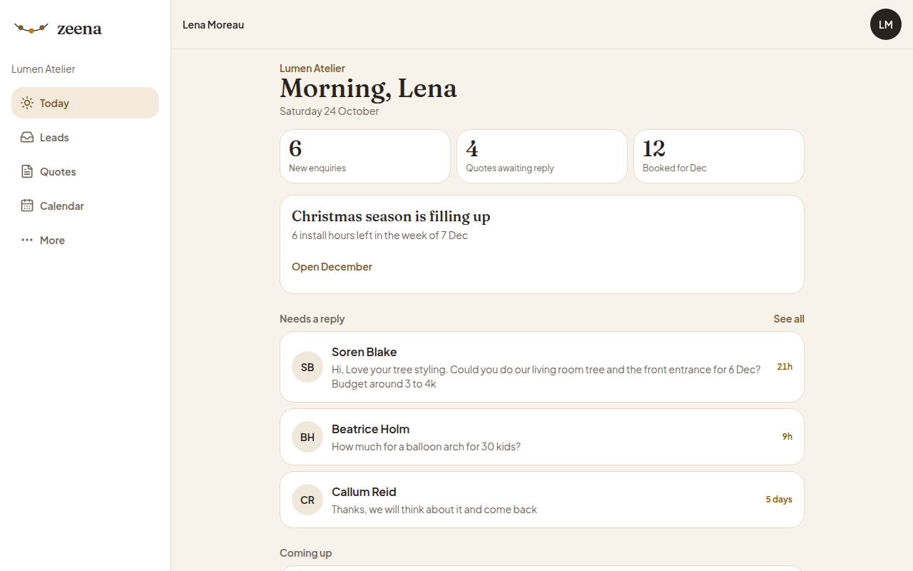 Lumen Atelier today page on the Zeena desk, with the day's enquiries and upcoming installs.